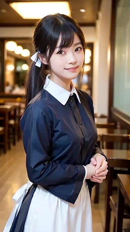 Best image quality, Focus, Soft light, Black hair, (Japanese)), (((Front, 15 years old))), (Depth of field), Ultra high resolution, (Real: 1.4), RAW photo, ((waitress uniform)), smiling face