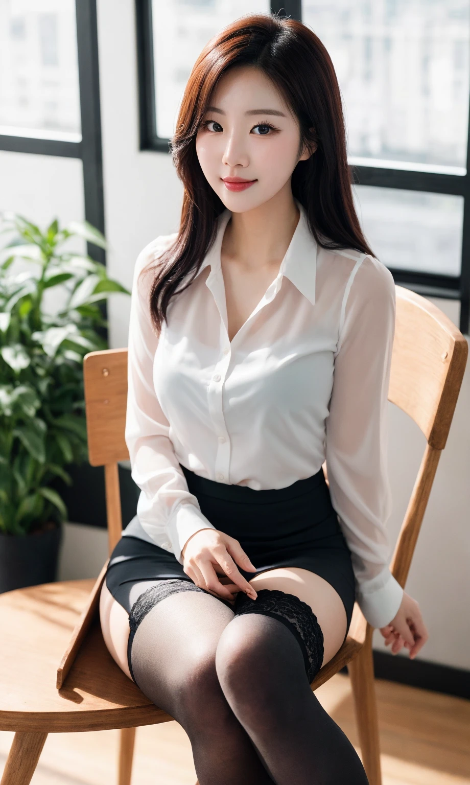 ulzzang-6500-v1.1, (Raw photo:1.2), (Photorealistic), (See-through:1.3), (masterpiece), (Genuine:1.4), Very detailed, Sharp focus, One beautiful woman, Updo, White Tight Button Shirt, Black tight skirt, (Ultra-realistic pantyhose), Sit on the floor with your feet together、Very detailed顔と肌の質感, ((Fine grain)), ((Beautiful Eyes:1.2)), Makeup、smile, bed