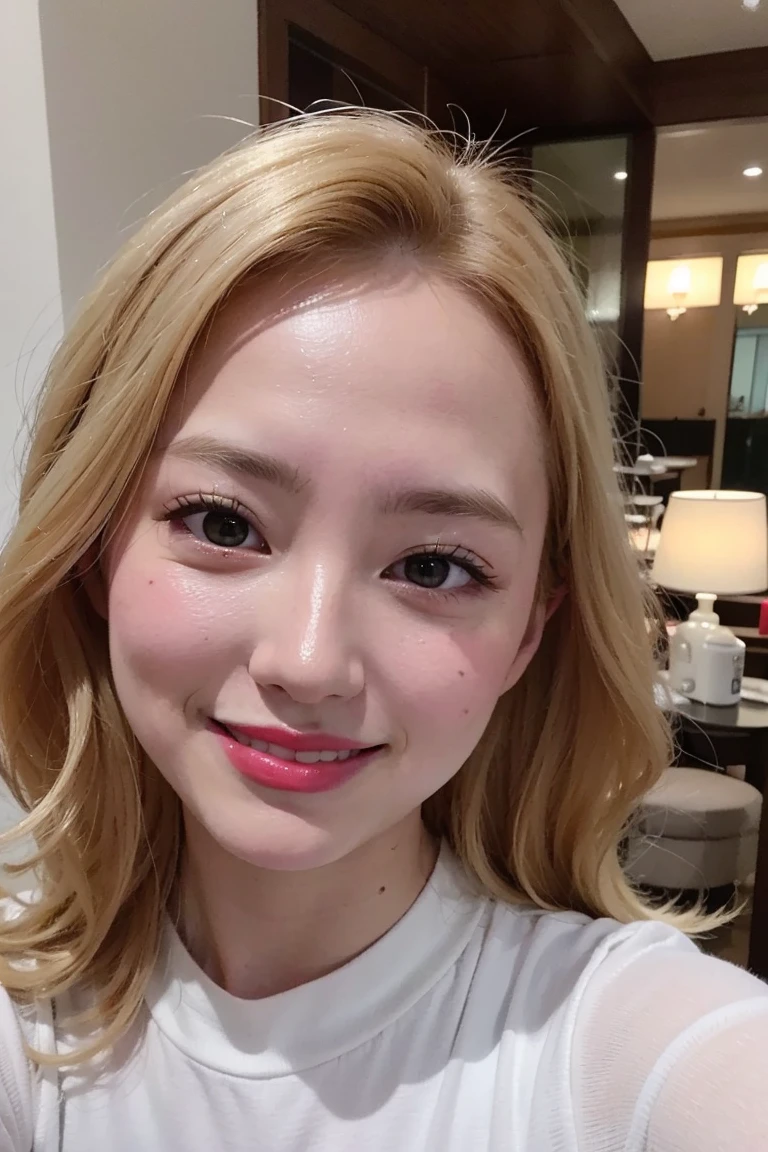 highest quality、masterpiece、27-year-old female、Japanese、Blonde、Red lipstick、smile、Black tank top、(Low angle shot)、Looking down、toilet