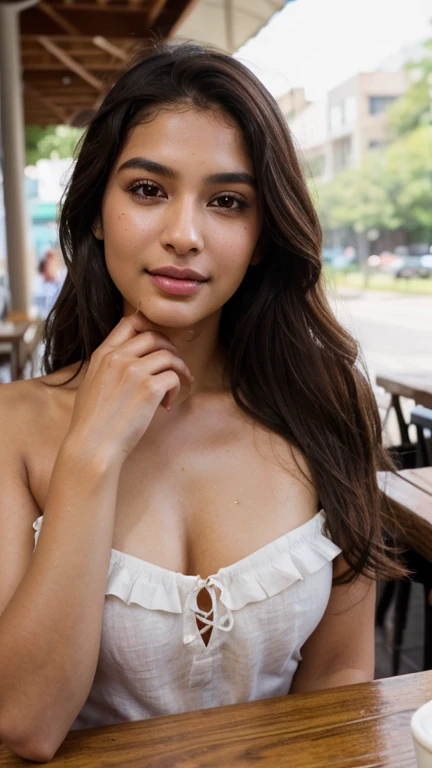 Breathtaking cinematic photo of a 18 year old girl with black hair and brown eyes, happy, cheerful expression, closed mouth, beautiful lips, intricate details, shallow depth of field, highly detailed, high budget, fair, gorgeous, masterpiece, highly detailed, mid shot, taken by professional camera,