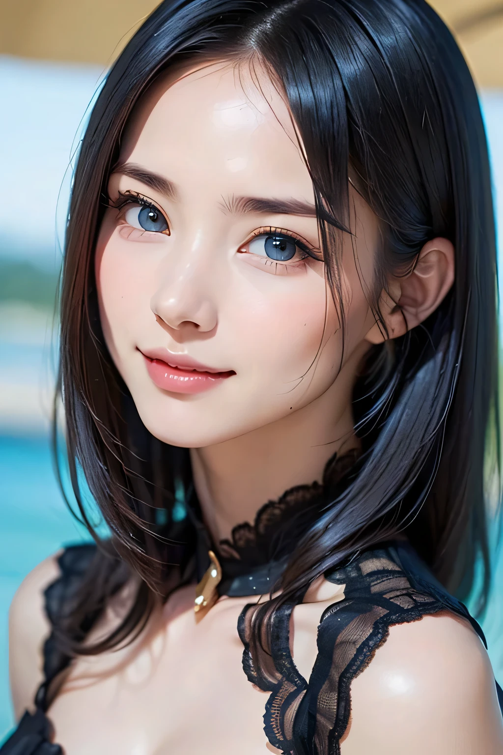 ((nsfw、top quality、best image quality、just one beautiful and cute woman、 A beautiful woman with a very cute golden ratio who boasts overwhelming beauty、The beauty of symmetry、realistically depicts everything in high resolution high definition、God of rich nature、Beautiful and cute face、 Eyes drawn in high resolution 、lashes drawn in high definition、Beautiful and cute symmetrical faces, A long, beautiful neck、bangs:1.6、Beautiful Décolleté、gloss、perfect anatomy、cute smile、Teen))、({gigantic|big|huge|mega} breasts, cleavage)、ideal ratio、Golden Ratio drawn in high resolution、perfect anatomy、 Transparency、sparkling、Off Shoulder、((beautiful teeth、expressive、Love projected on camera、I'm a little shy、bangs, beautiful landscape with only rich nature and bright green in the background、moist blue background of water、beautiful blue sky))