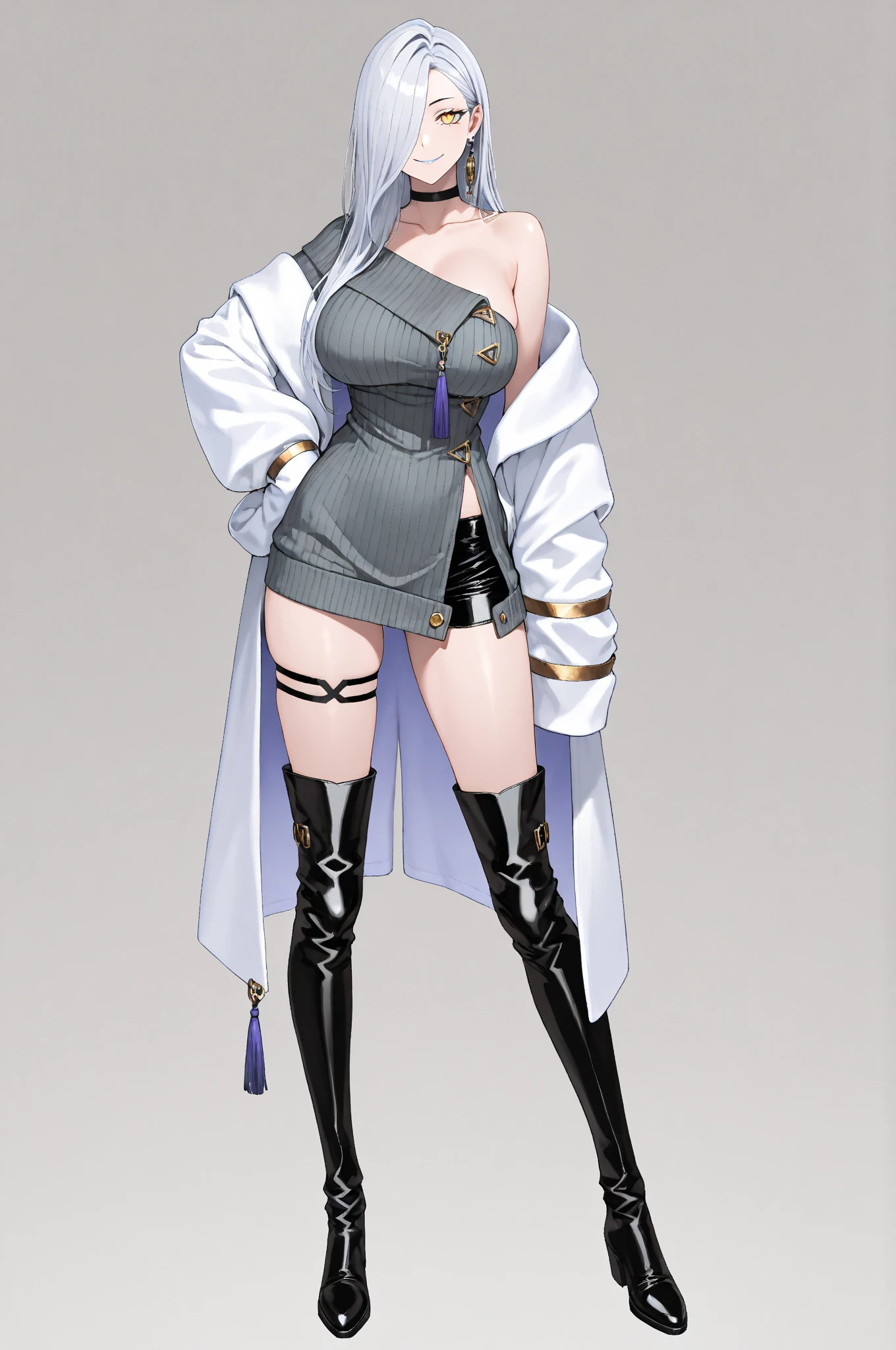 a woman，Royal sister，model figure，Open shirt，sin pantalon，Leaking out of the thighs，High heel，thin waist，white short hair，Standing posture，full body display，Look ahead，Straighten your body，Full body