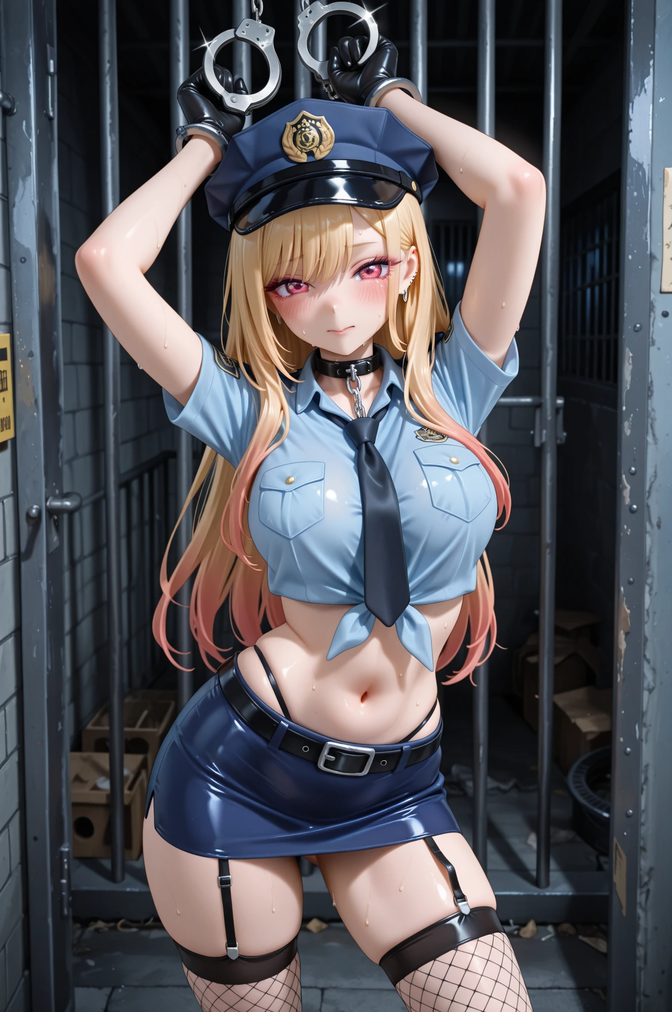 (((Namie Amuro with a penis))) futanari　Light Blue Police　(((light blue police uniform))) 　Short sleeve　Belly button　skirt　futanari (big penis)　 ejaculation　A lot of semen 　(Torn clothes)  Garter belt Blonde Light Blue Police cap　masturbation 　fingerless gloves　　White ground in the background　Tie Standing　Nipples are visible　ポニーテール