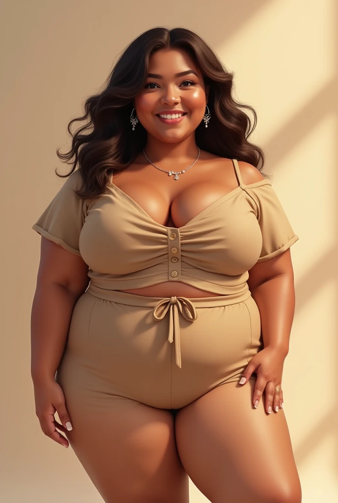a hyper-realistic full body view photo of a young curvy plus size beautiful indian woman wearing Retro Revival Mini Skirt standing Enchanted Grove Avenue, m-cup breasts, curvy plus size hourglass body, 22 years old, realistic, sexy,short brown hair, (hair tied with bows), curved, masterpiece