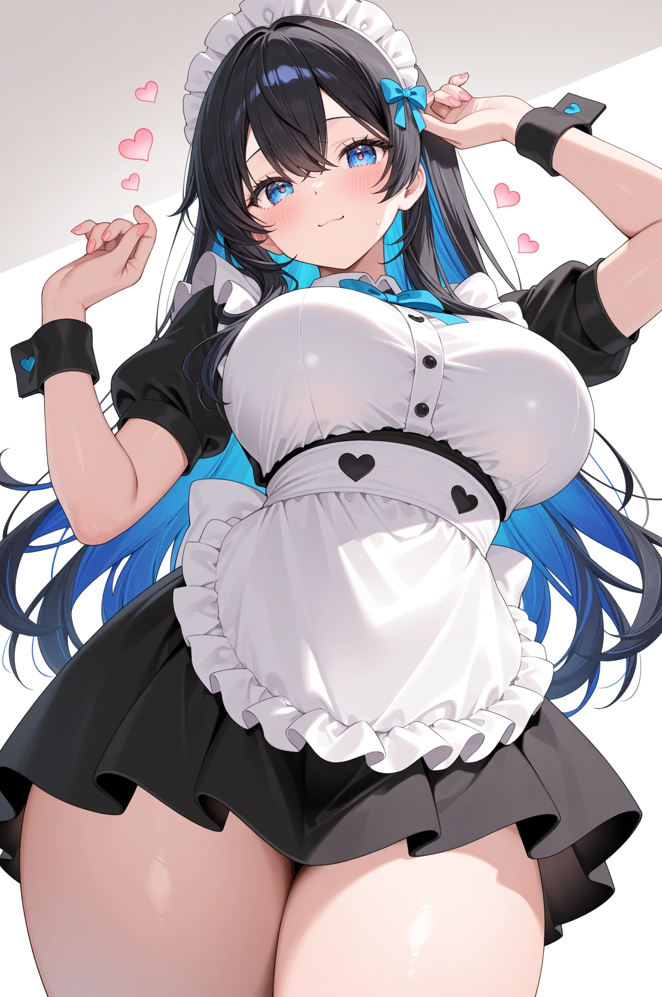 cat ears, loli, child ,1gir ,hair between eyes ,cute ,((masterpiece:1.2, best quality)),solo ,thighs ,((huge breasts)) ,poses ,blue hair ,blue eyes ,twintails ,white background,maid ,thighs