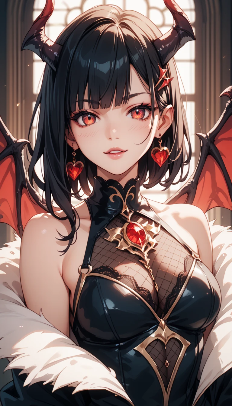 (digital painting),(best quality), masterpiece, 8k resolution, (dark mood background:1.4), dark fantasy,  anime girl, one girl, solo, beautiful girl, sexy, goth girl, pale skin, big breast, beautiful breasts, seducing, (yandere: 1.2), detailed lips, beautiful lips, sharp teeth, vampire teeth, tongue sticking out, red lips, big eyes, (red eyes:1.2), glowing eyes, (very detailed eyes:1.4), cute girl, short hair, black hair, crown, dramatic lighting, deep shadows, (wide angle lens distortion:1.2)