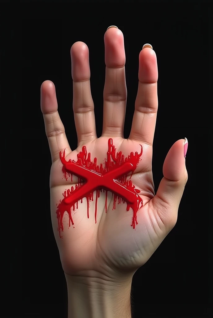 A striking, photorealistic image of a woman from the waist up, extending her hand with a red "X" on the palm towards the camera. Her face, bruised and streaked with tears, has black makeup smeared across it, reflecting the pain of abuse. The dark background and dramatic lighting add depth to her emotional and powerful message.