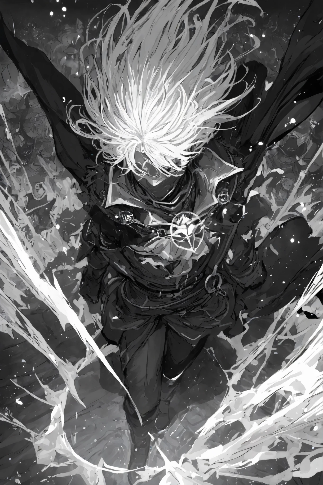 masterpiece, best quality,1 boyl,best quality,heroic pose,dynamic angle,dynamic sea background,with epic effect, high angle shot,like CCTV footage, outward flow of magic or particles, face clearly visible, character illuminated from within,Pirates,black & White hair,