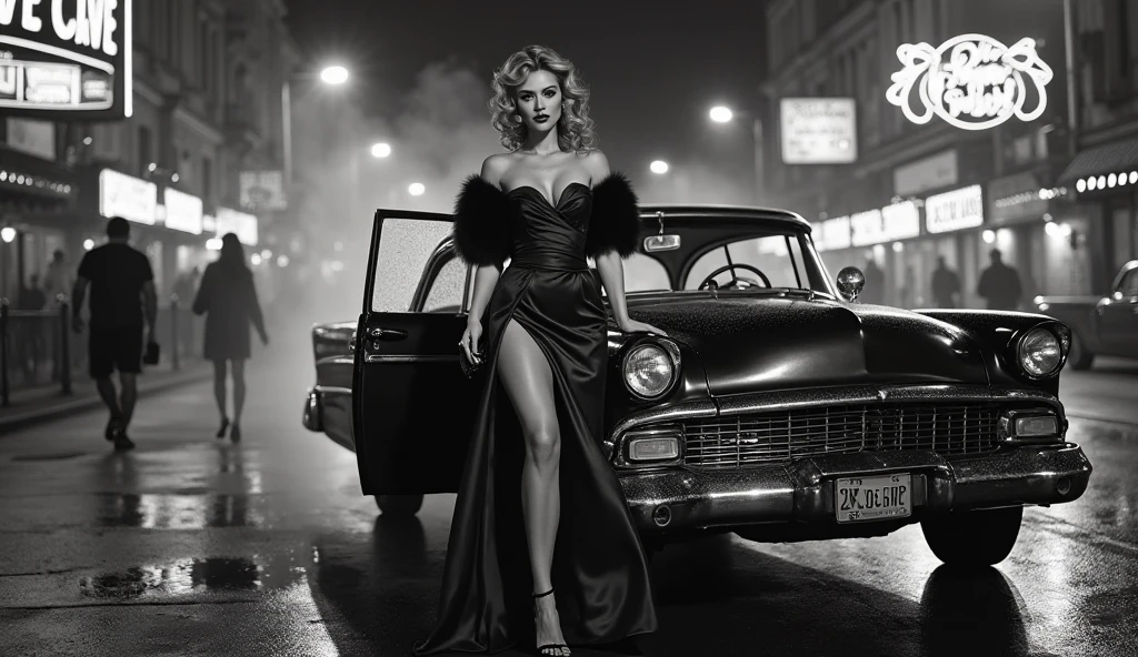 A movie scene from "13th Floor", a bustling street in year 1937 at night, train, dark raining sky. (1girl, solo), elegant woman wearing short dress, photorealistic, large-breast:1.2 C-cup slim:0.9 body, cleavage:1.2, (matrix style black sunglasses), (holding a mini:1.1 stun gun), dynamic pose, (half-body thigh:1.1 level medium shot), cinematic lighting, ray tracing.