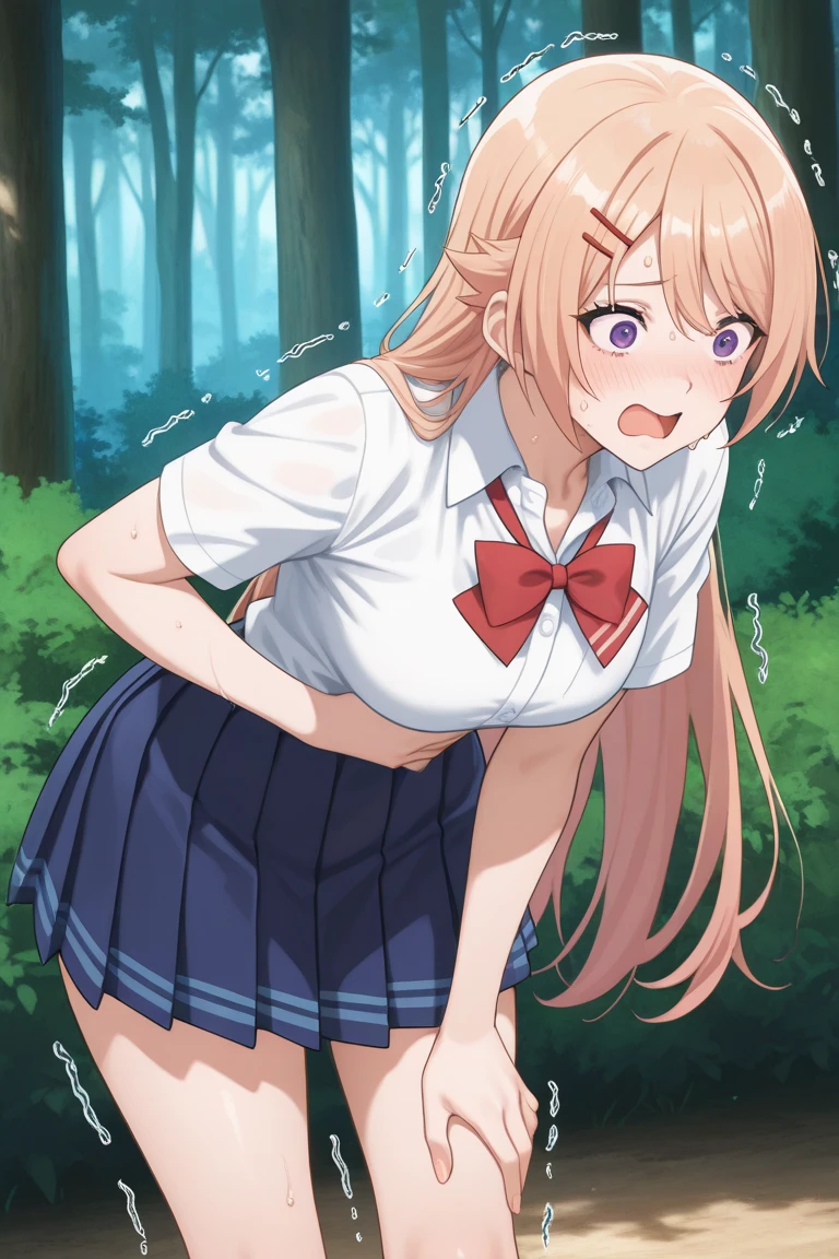(masterpiece:1.37), best quality, (extremely detailed:1.37), (1girl:1.5), woman, (mature:1.5), (adult:1.5), jgsd, tassels, hair ribbon, gloves, turtleneck sweater, jeanss, (extremely detailed eyes:1.37), (wetting self:2.0), desperation, standing, embarrassed, humiliation, blushing, angry, cherry blossoms, garden, (golden hour:1.5), full body