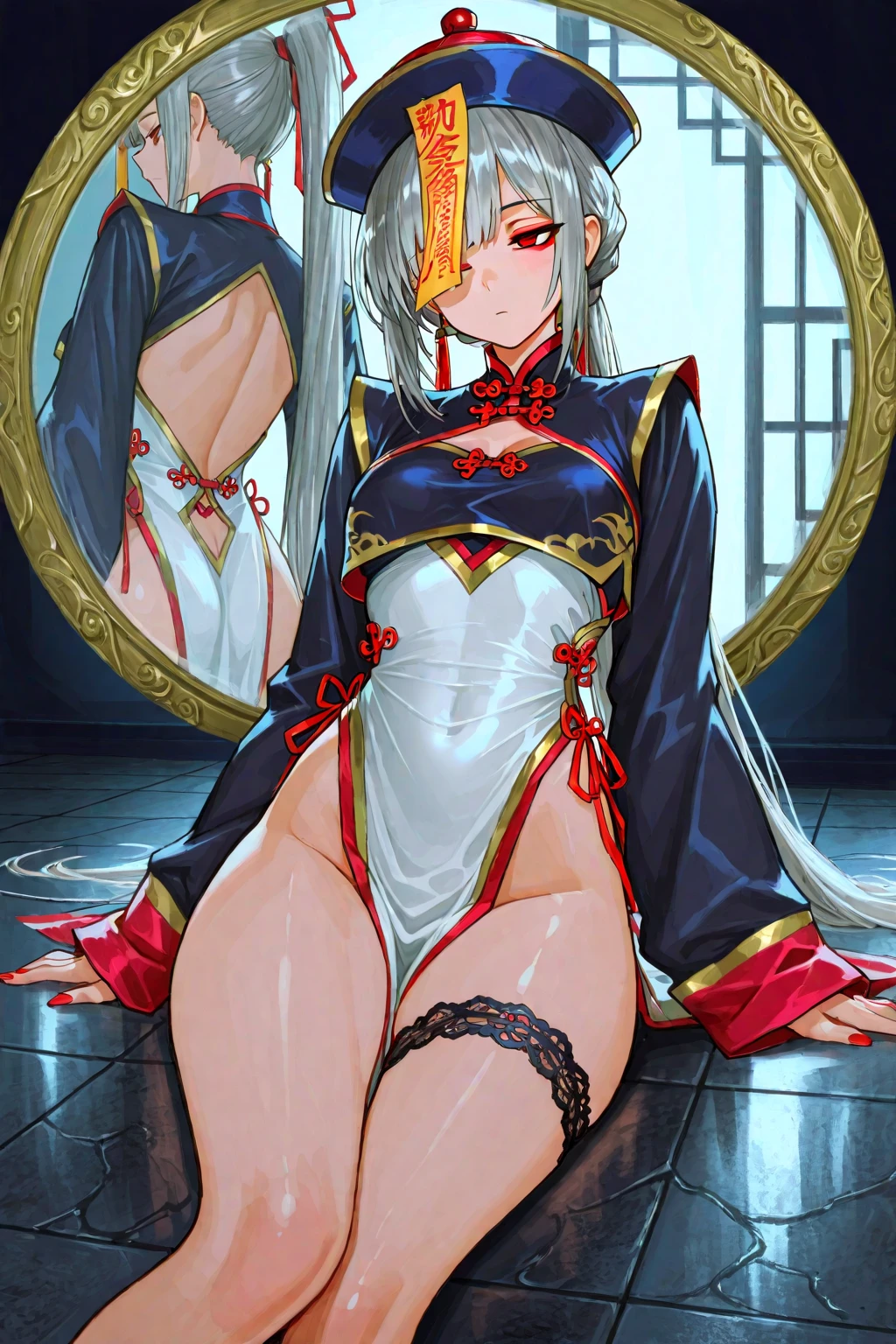 8K, high quality, Hyper realistic super detailed sexy, 2b, short hair, puffy sleeves, long sleeves, (detailed lighting, extremely detailed skin, extremely detailed hair, shadows, 8k), white hair, looking at viewer, (High Key Lighting), (Grinning smile) ,(((blush))))),,thin upturned nose, orgasmic expression, defined figure, thick legs, thin waist,, (((lying back on, ahegao face, (((posterior view))、from behind、backs )) ,lubricant skin groin area, huge ass, huge thighs, gigantic ass, naked detailed pussy, wet pussy, butthole, toned ass, toned back ,lying back on, ahegao face, ,hair bun, hair accessory, sexy anime lady, thicc, thick lady, thick hips , large aparture, Professional Lighting,intricate, bokeh, cinematic lighting, chinese red dress
