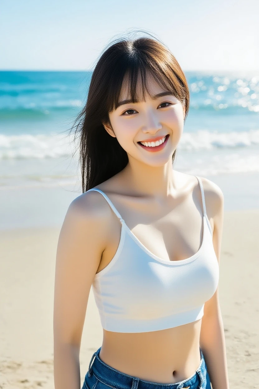 A very cute face like an idol、Looks like a young face、20-year-old female、Gentle and cute、A kind smile、Cleavage、Tank top、Walking on the beach at sunset、Natural light、whole body、RAW Photos、Genuine、live-action、High level of artistry、Artistic Expression、Real Stick、High resolution、masterpiece