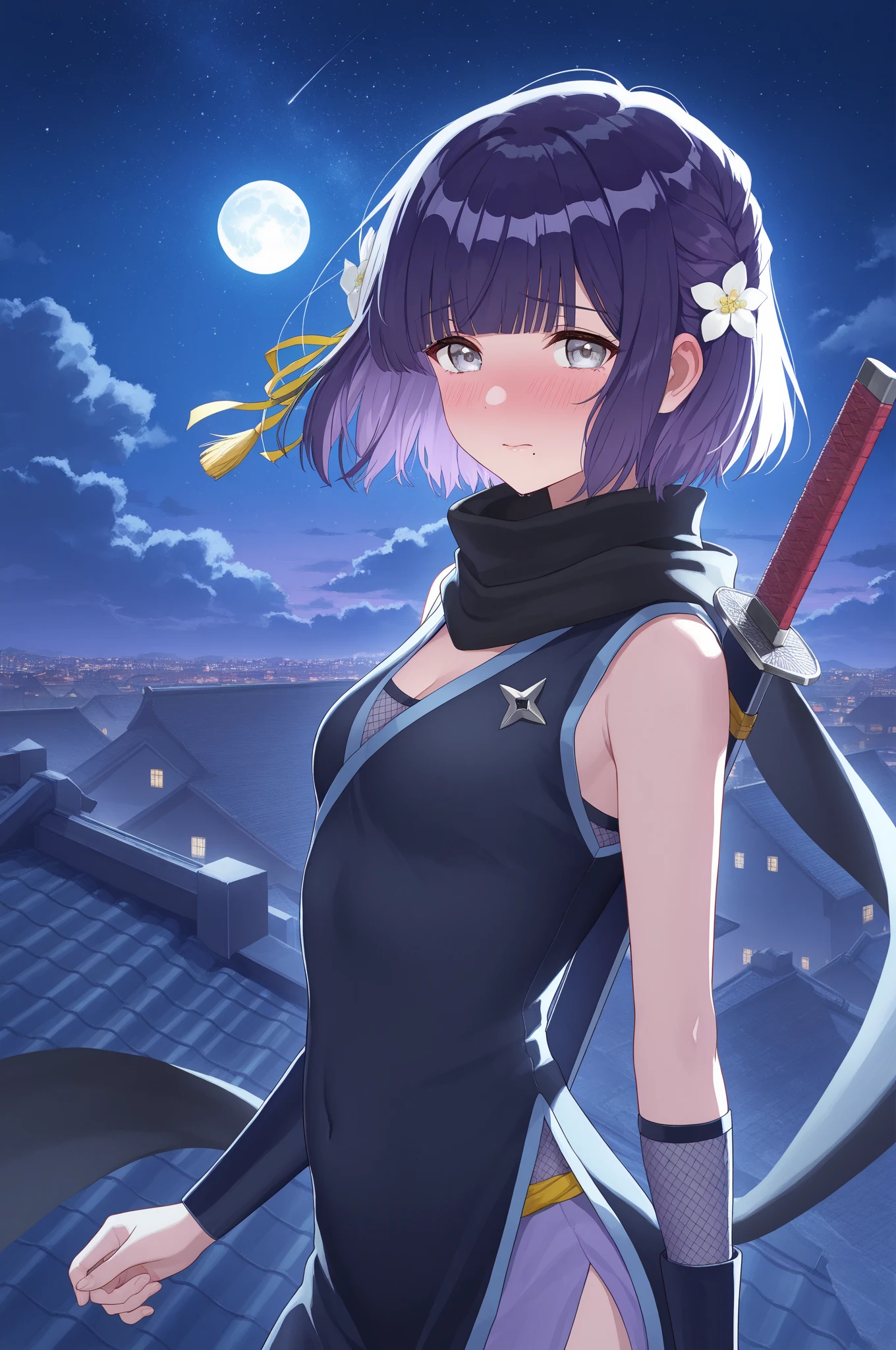 a teenager, female, (japanese ninja), (solo), ((looks back)), beautiful, on the top of the clif, a sliver moon on the dark sky, mouth hold, gradient eyes, mask on head, gradient hair, silver hair, purple hair, ponytail, anime style, cinematic lighting, ray tracing, reflection light, depth of field, glowing light, from behind, best quality, high quality, highres, textured skin, UHD, 8k