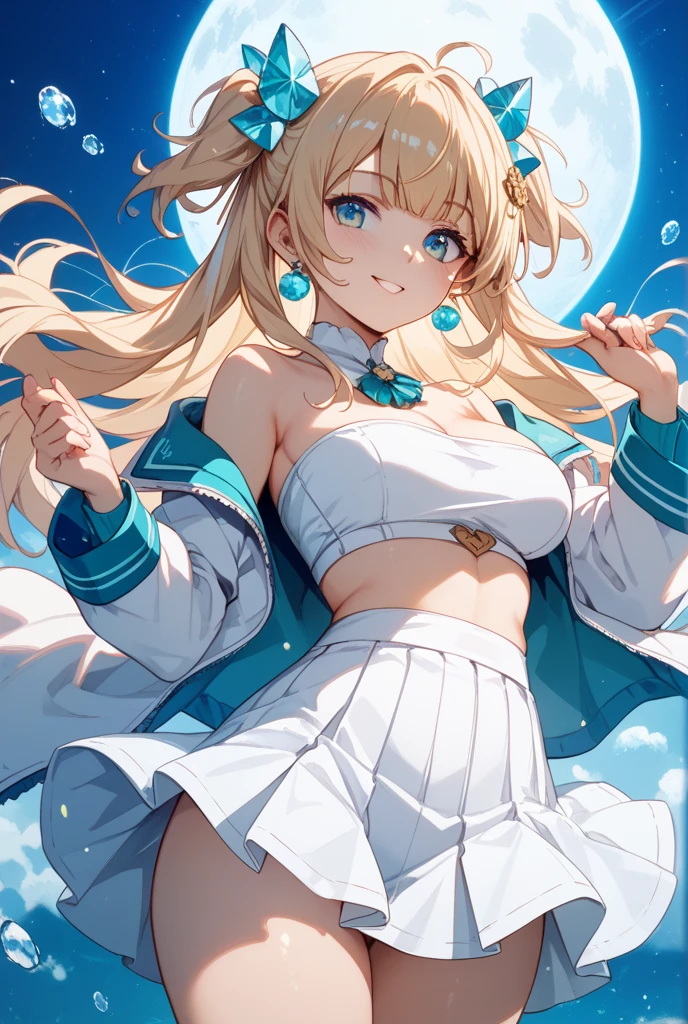 Minerva, 1girl, solo, blue eyes, large breasts, long hair, blonde hair, side ponytail. heart hair ornament, two-tone blue and white sleeveless dress, white detached sleeves past wrists, white thigh boots, cleavage_window, thigh_window,