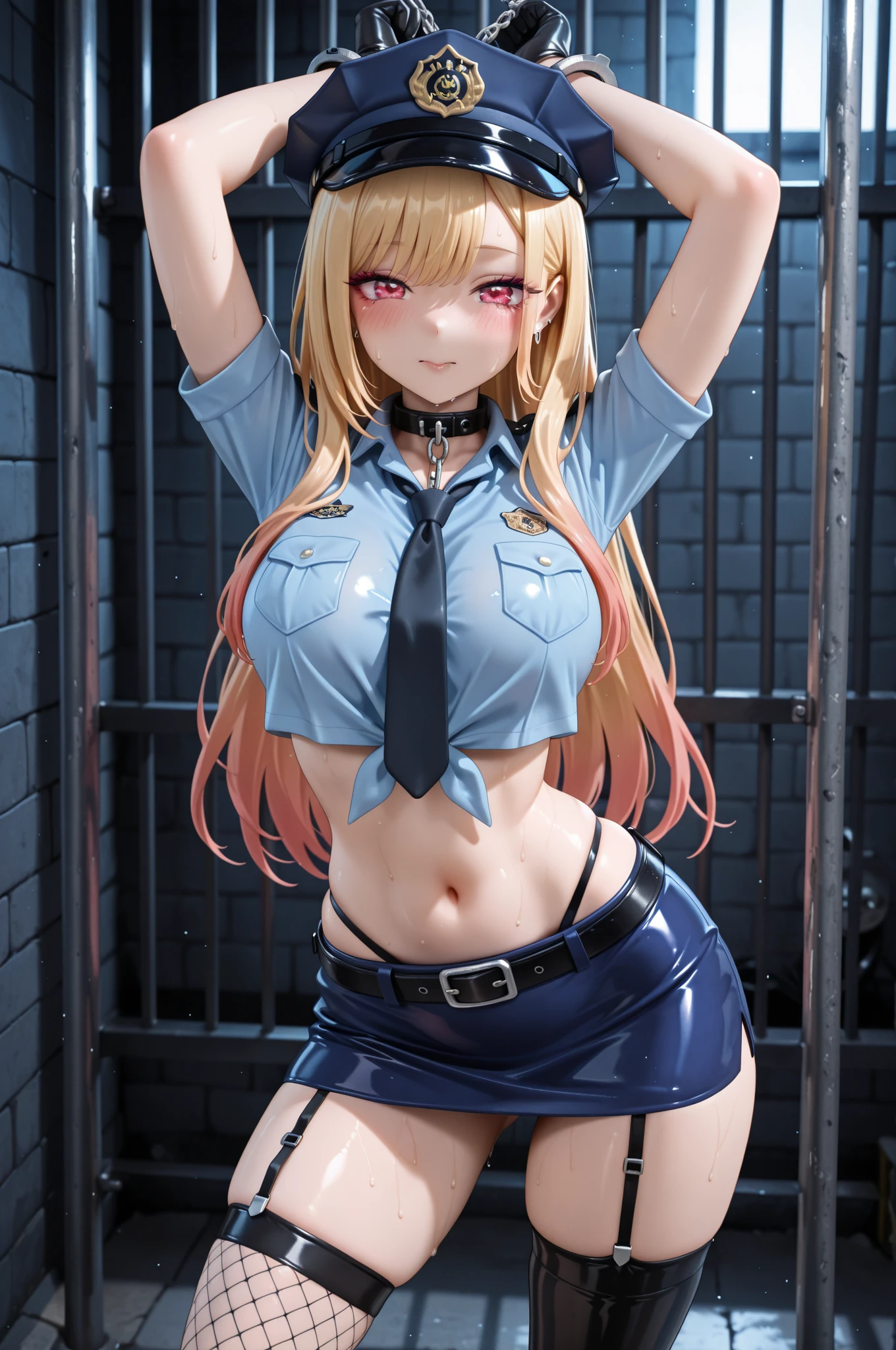 (((1 person:2.0))),(((NSFW:2.0)),(((NUDE:2.0))),(((Naked Police Girl 1.9))),(((Police Holster Police Belt:1.5))),((Wear a watch on your wrist:1.5))),(((Police Costume:1.0))),(((Exposed thin inner thighs))),(((Small breasts:1.5))),(((Bare arms))),(((Wearing Sandals:1.5))),((Blushed:1.8)), Beautiful detailed girl, Very detailed目と顔, 緻密でBeautiful Eyes, Very detailed, High resolution, Highest quality, masterpiece, Very detailed, 8k wallpaper, wonderful, finely, Highest quality,(Standing in front of a wooden wall),Beautiful Eyes,((Engage your audience:1.9)),((Full body shot:1.6)),((Place your right hand on your chest:1.8)),((Drinking whiskey:1.4)),((She has strong hiccups:2.7))),(((Are standing:1.5)))