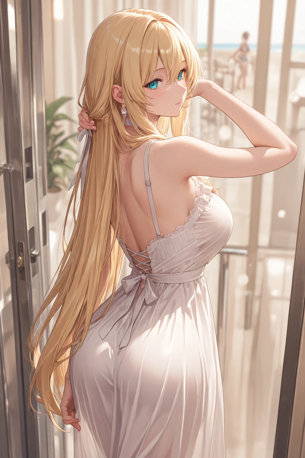 masterpiece, best quality, highly detailed, ultra high res,  asuna ichinose, 1girl, solo, blonde hair, glossy lips, full lips, city, halter top dress, looking back at viewer, (bra:0.8) (panties:0.8)