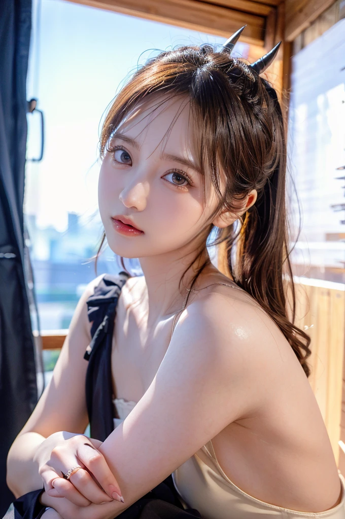 Urban beautiful girl college student, masterpiece, light makeup, Red lips, Silver Hair, Disheveled long hair, Street background, beautiful, elegant. Extremely fine detail, Master Works, Authentic texture, Realism in film lighting, Perfect job, 16K, High resolution, exquisite features,blue eyes、Japanese Idols、beautiful顔、Cute Smile、Brown Hair、beautiful hair、ponytail、glamorous、 Big Breasts、Nipples、Oily skin、Shiny skin、Sunburned skin、Shining black skin、sexy camisole,Thong, Bright big eyes, Smooth Skin, Earrings, necklace,Look forward