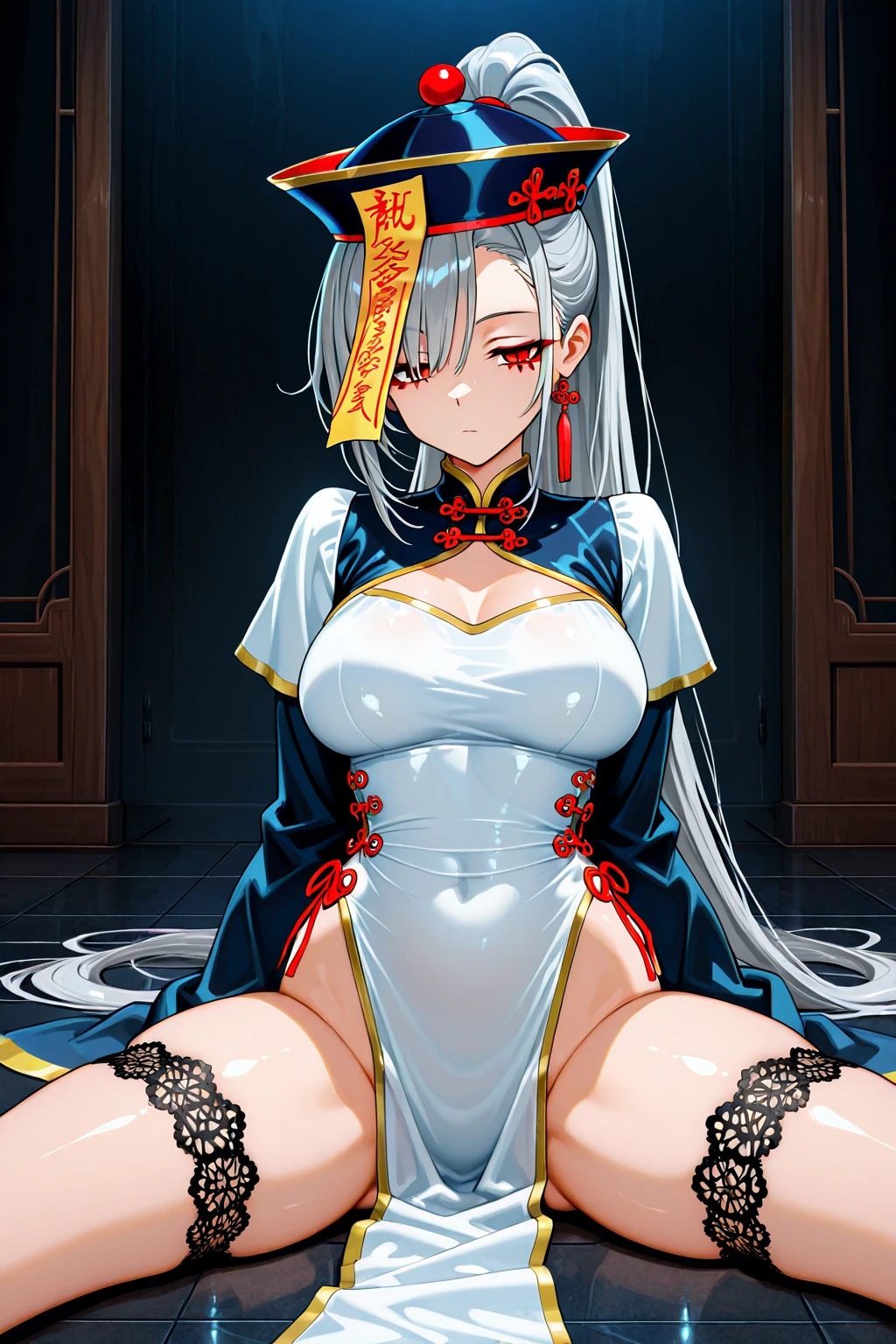 anime style, (masterpiece:1.35),(bestquality:1.4), 8k,ultra-detailed, photography, (ultra-realistic:1.4), film grain, Fujifilm XT3, depth of field, female focus, mature female, (sexy Asian female:1.45), (photo from front)!!, adult, (looking at window)!!, (night)!!!, bare shoulders, blush, seductive smile, fresh lips, detached sleeves, earrings, fingernails, hair between eyes, hair bangs, (silver hair)!!, very long hair, detailed realistic hair, golden hair pin ornament, japanese clothes, kimono clothes, detailed realistic clothes, jewelry, yellow gemstone, detailed jewelry, neck garter, leather necklace, plump breasts, (breast cleavage)!!, super seductive temptation, open skirt, slim legs petticoat, fishnet legs, stockigs, smooth thighs cleavage, spread legs, straddle, up legs, garter thighs, open crotch, armpit, erotic, nontraditional ningguang, detailed eyes, (shiny eyes pupils:1.25)!!, (colored sharp eyes)!!!, (homochromatic eyes)!!, cherry blossom,  sidelocks, (lie down at bed)!!, window thats opened with flower, (having sex)!!, (missionary sex position)!!, climax together, orgasm, (cumshoot)!!, ningguang \(genshin impact\), (correct anatomically)!!, (1girl, having sex, 1man, penis, pussy:1.3)