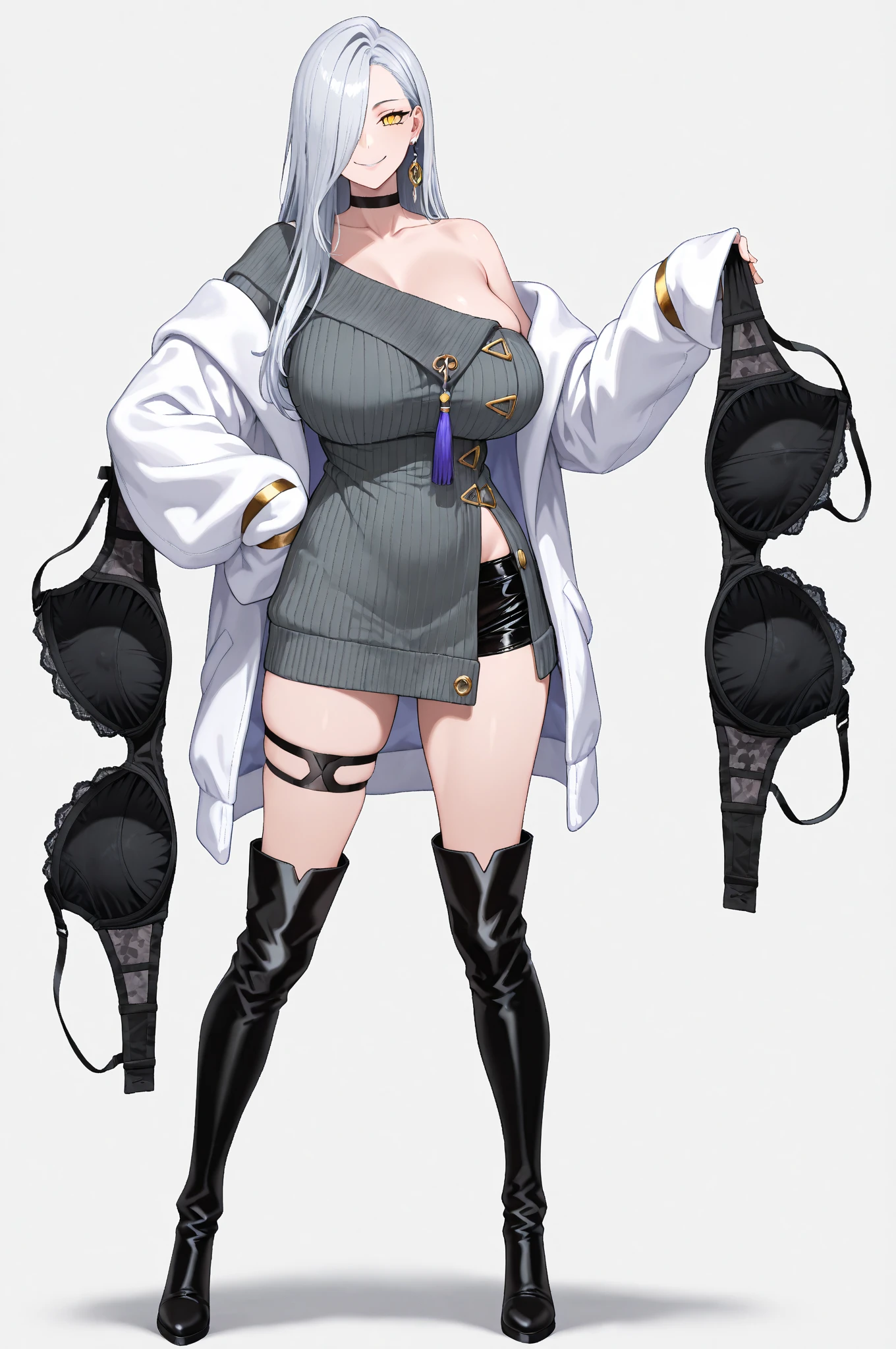 girl, big , bikini, standing, short hair, black hair, horns, blue eyes, fullbody, feets