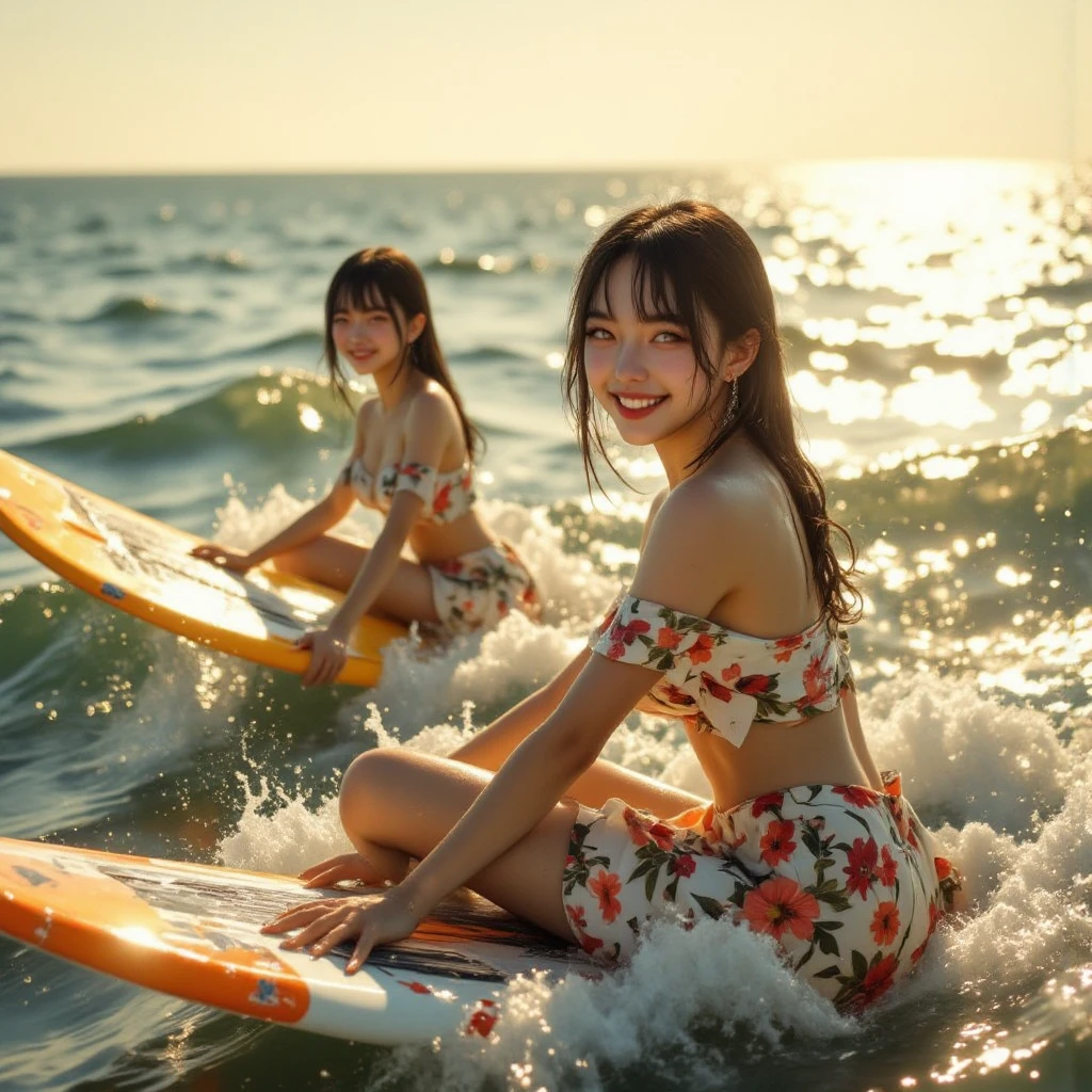 masterpiece、Two beautiful girls、A detailed eye、超A high resolution(reality:1.4)very extremely beautiful, Beautiful skins, A slender,skinny body、being thin、thin and long legs、 Forward-facing body, (A hyper-realistic), (hight resolution), (8K), (ighly detailed), (ultra-detailliert), 详细的脸,、Two girls having fun in the sea、One person is wearing a fluorescent color mesh bikini made of thin translucent fabric.、From the knee up、Beach volleyball players、Jump Attack、A dynamic couple、Special Move、nsfw
