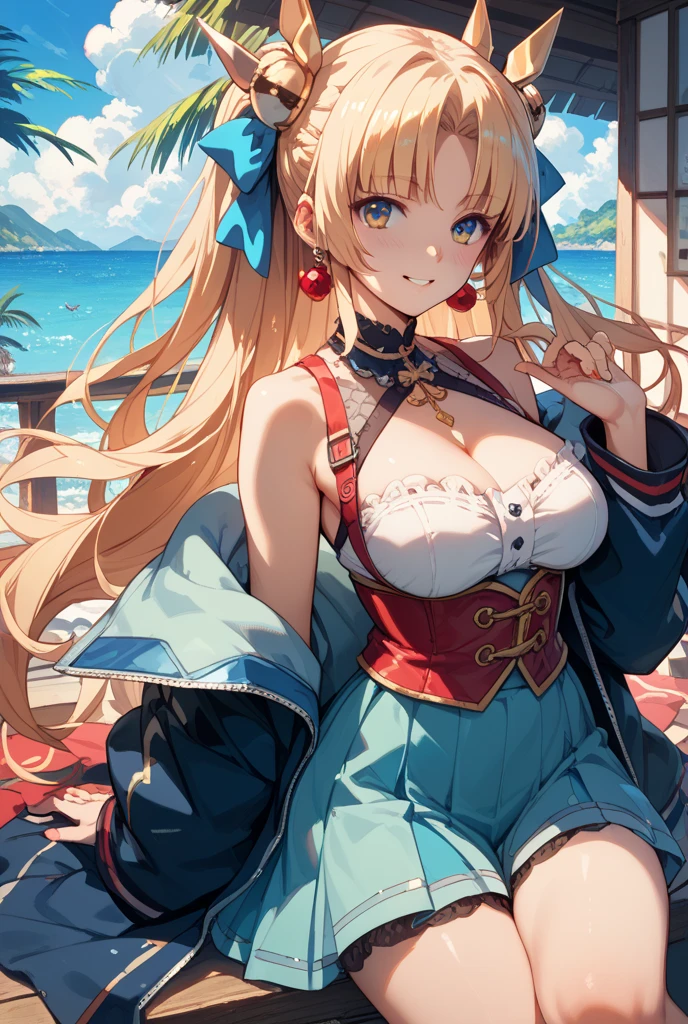 1 woman (navia) ,(genshin impact ),blonde,(wavy hair curl),  blue eyes , blush , looking at viewer, bikini , hat (black)  , beach , night time , big breasts.