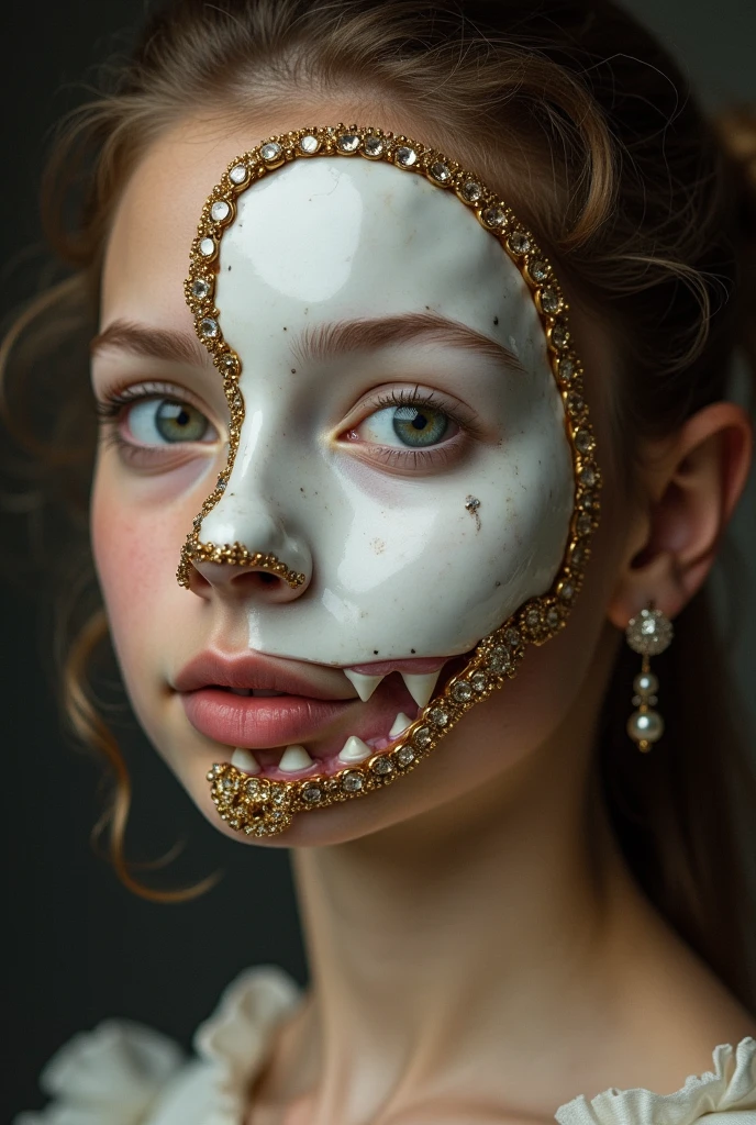 (extremadamente detallado, obra maestra, La mejor calidad), Estilo oscuro, intense illumination, rostro con arrugas, lengua larga, tentacle, deforme, monstruoso, un anciano con Colmillos finos, amenazante. mujer punk. Rococo composition. Luz de caravaggio