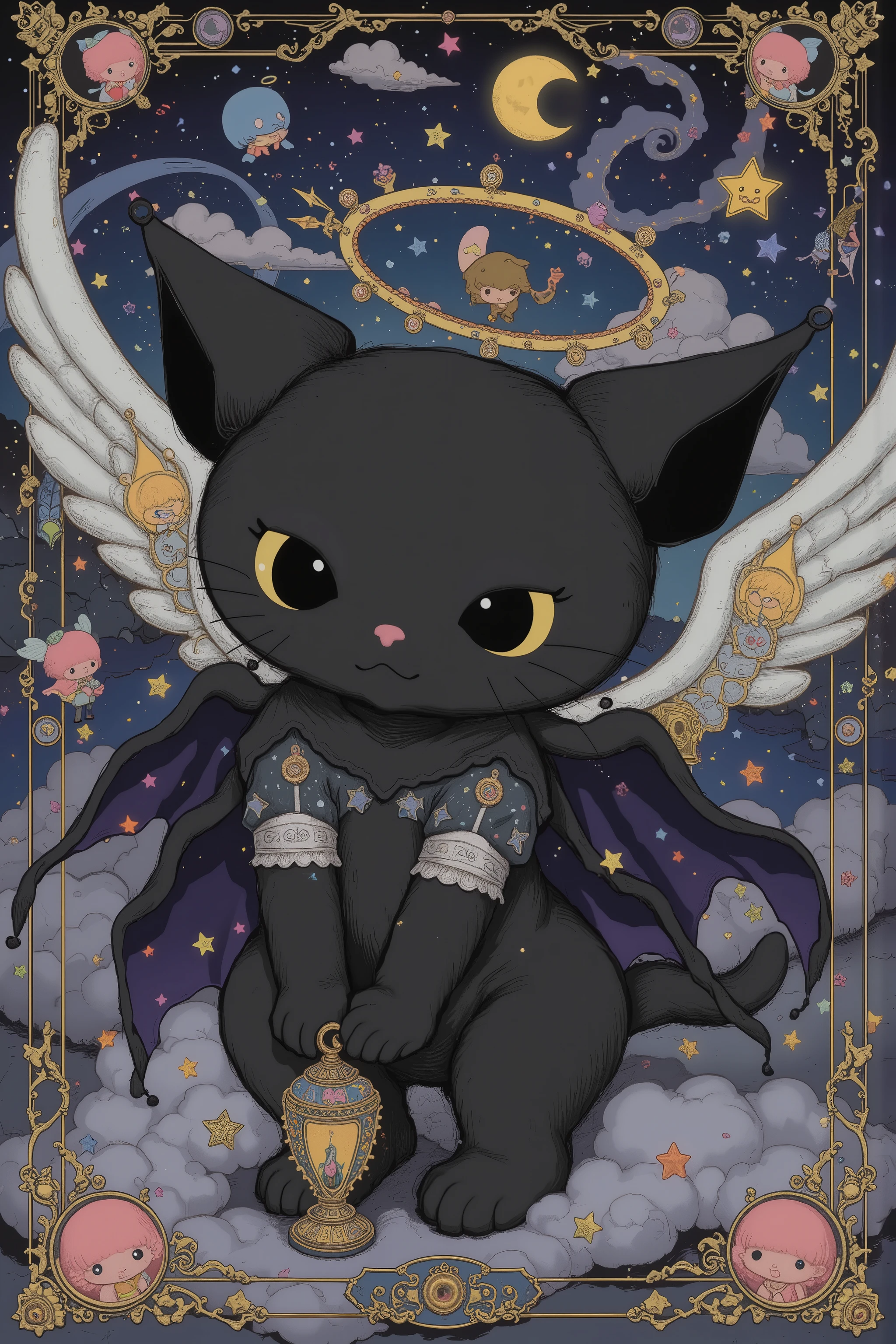sanrio character,Sanrio Style,dynamic pose,dynamic angle,((black cat,deamon wing)), fantasy,evil and cute,moon,starry sky,vicgoth,renaissance style painting