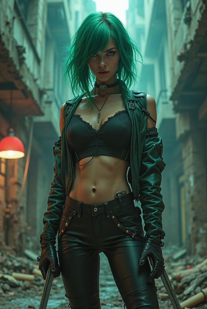 Woman with dark green hair tall attractive in white top with a black leather jacket over her showing arms and latex pants with a belt, heeled boots with lots of plant tattoos on the arms and trunk, corpo inteiro , fundo de inverno, estilo anime,