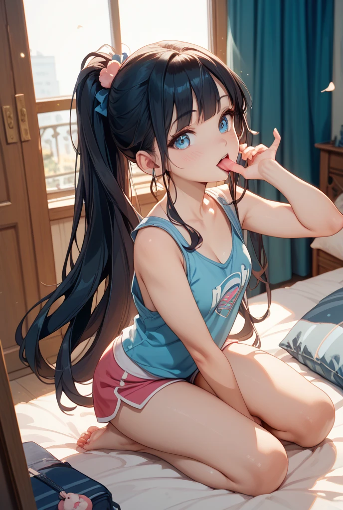 Create a high-quality, detailed image of a beautiful, anime gamer girl with long hair, bright blue eyes, and a smile, sitting at her gaming PC in her gaming room. She is wearing a see through tank top, barely showing her nipples, and sleep shorts, showing her midriff, highlighting her stunning curves. The warm, inviting scene includes soft ambient lighting, comfortable seating, The setting is illuminated by a small lamp, creating a serene and intimate atmosphere