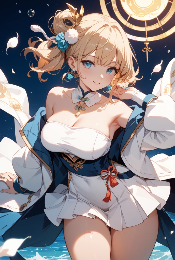 1girl, bright, blonde, light blue eyes, heart motif, star, moon, short hair, uniform bangs, multicolored hair, princess, saleme, side lights, light particles, wallpaper, big, plump, idol, amazing costume, kimono, kimono, yukata, hada, chest, cleavage, sexy, loose, fluffy, smile, gentle, clear, loli,