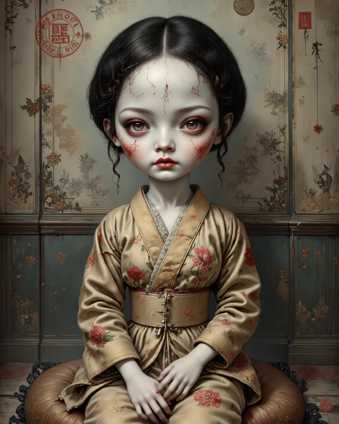 A young Satanichia Karimizhi, With her enormous complacent eyes she looks very attentively at the ants that come out of the tea cups that have geometrically impossible shapes and decorated with fantastic shapes., and showing the fierceness of Chinese Raku Yaki ceramics, everything as if it were a Tim Burton dream.