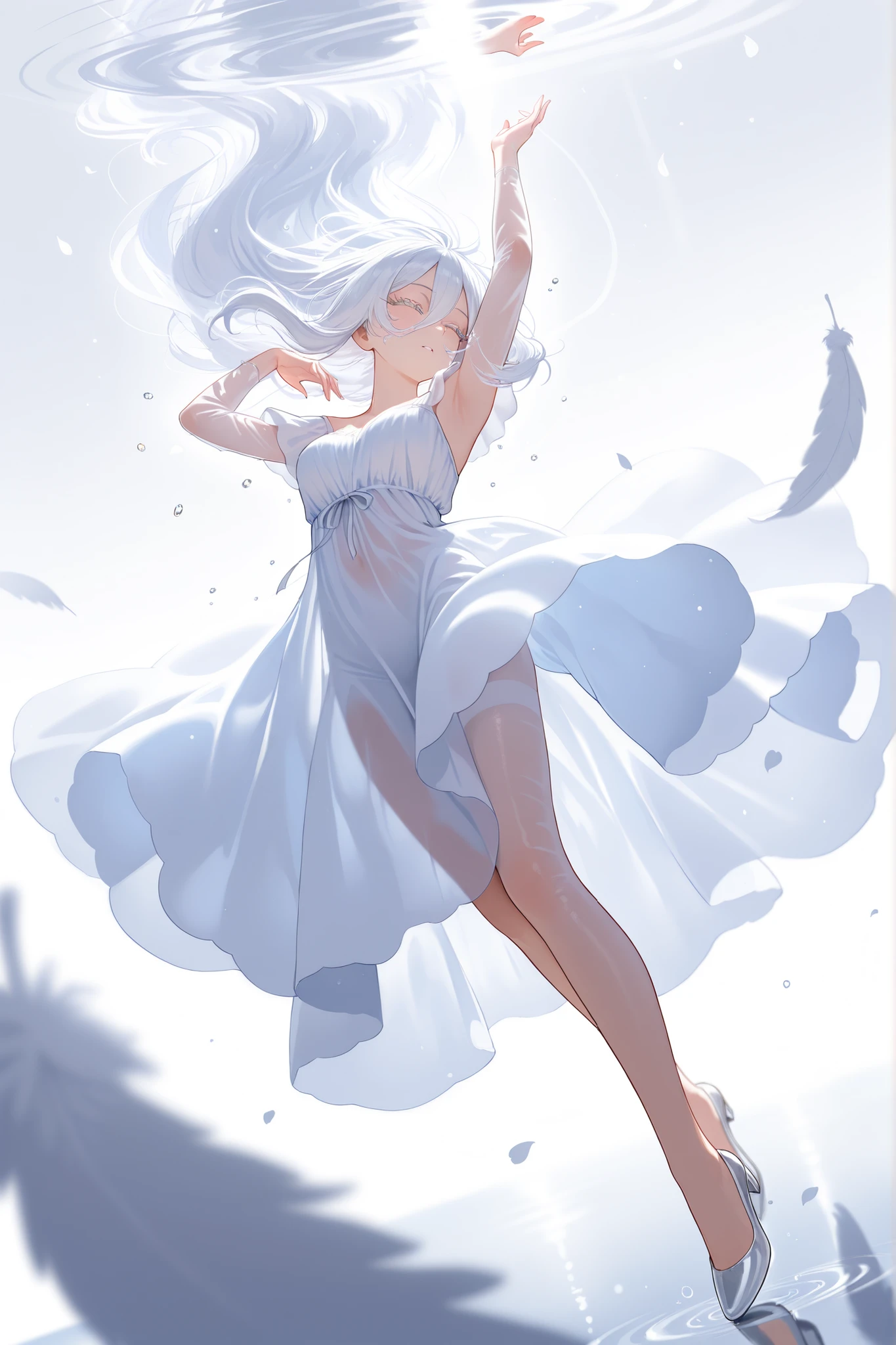top quality, artistic, ultra high resolution, 1 girl, white space, is floating, Translucent skin, Closed eyelids, long eyelashes, ephemeral expression, pure white dress, Sheer Fabric, fluffy hair, Silver White Hair Color, hair dancing in the air , white feathers dance, A scene from the Foggy Slayer , pure white background, Blurred landscape, Perspective, Floating Particles of Light, Clear Water Drops, Dreamy Atmosphere, Backlight Effects, soft light, Floating Petals, Pearl-like luster, Feeling of Blurry Air, Airy Texture, Deep Mist, light reflection, quiet atmosphere, the moment when time has stopped