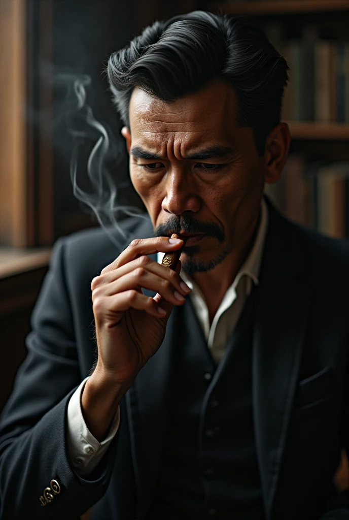 An young man sitting upright，Chinese men，ssmile，Short white hair of the spirit，Medium-sized eyes，The upper part of the body，Bookshelf background，Pipe in hand，Portrait photography style，tmasterpiece，Ultra-unique to engage in professional digital art，Film Washington，Hyper-realistic，photore，Supernatural skin texture，Detailed facial features，8K，Character scale 1:1.5