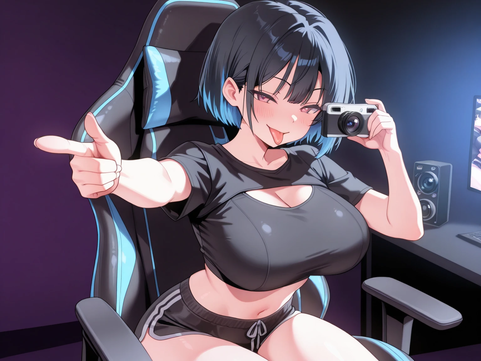 ((junkotvvxl, cabello negro, ojos rojos, orejas de gato, Adult, Female, Black hair, red eyes)), goth girl, gothic aesthetic, goth clothing, goth make up, thick thighs, medium chest, annoyed, disgruntled, sitting in gaming chair, gt racing chair, bedroom, gothic bedroom, aesthetic bedroom, Masterpiece, Accurate, Anatomically Correct, Best Quality, High Details, Detail, Super Detailed, Best detail, Perfect detail, Amazing detail, [-3, 3], perfect hands, best hands, best fingers, perfect fingers, perfect body, best body, amazing body, Looking at viewer, front facing, upper body shot, orejas de gato,(((neko ears))), (chica neko), cute neko ears, messy hair,(flequillo), (coletas), (cabello largo),