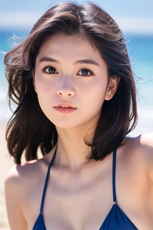 8k,Highest quality,(masterpiece:1.2),(Realistic),(Realistic:1.37),Ultra-high resolution,1 high school girl,smile,((Big Breasts)),Beautiful Eyes,(((Cute Bikini))),Tropical Beach,Perfect body,Perfect Fingers,Professional Lighting,gravure,Detailed face and skin texture,fine grain,RAW Photos