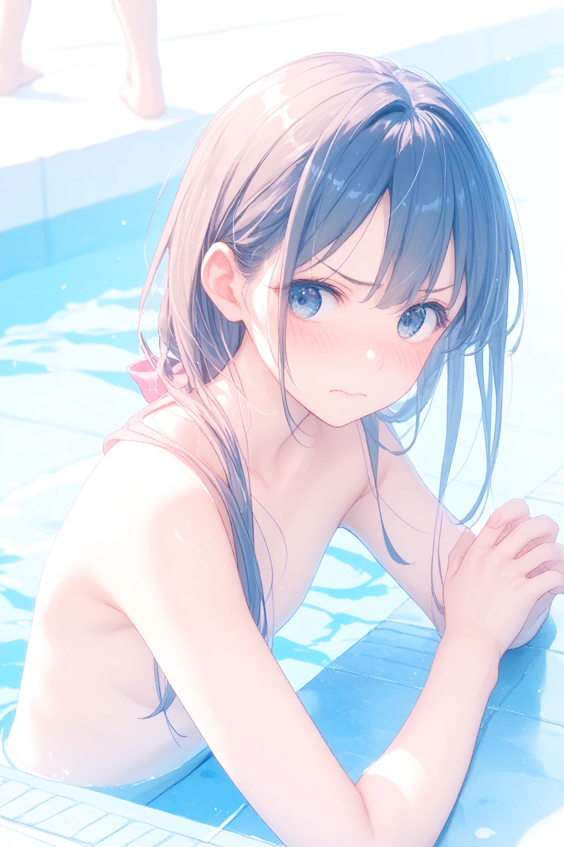 (dynamic angle),in the poolside, pale Light orange Hair, long hair, twintails, hair black ribbon, girl1, upper body, completely nude, (small nipples:1.2), (small areolas:1.2), kawaii, cute, pale purple eyes, (shy), (blush),twinkle smile,open mouth,
