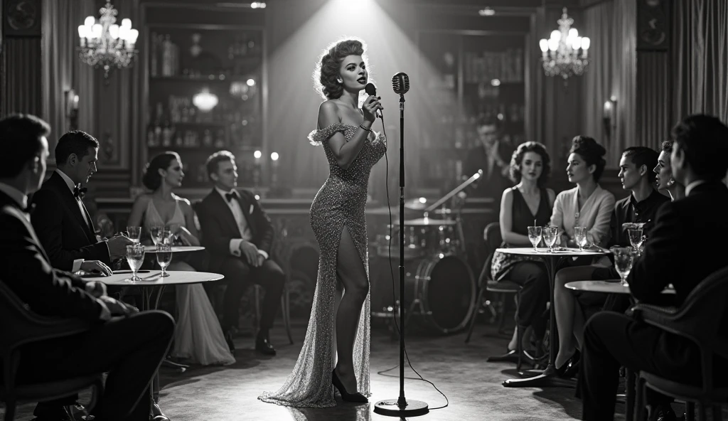best quality,4k,8k,highres,masterpiece:1.2),ultra-detailed,(realistic,photorealistic,photo-realistic:1.37), vibrant colors, stage spotlight, vintage microphone, elegant hair, graceful pose, dynamic atmosphere, stylish interior, classic jazz era vibes, captivating performance, soulful expression, animated jazz band, rhythmic music, sitting on a piano, ch4iartied, otm gag, microphone stand, energetic crowd, glamorous ambiance, seamless visual composition, enchanting red lighting, IvFE, purple hair, long hair, purple eyes, in a violet dress, long white elbow gloves, old 1920s microphone, jazz club background