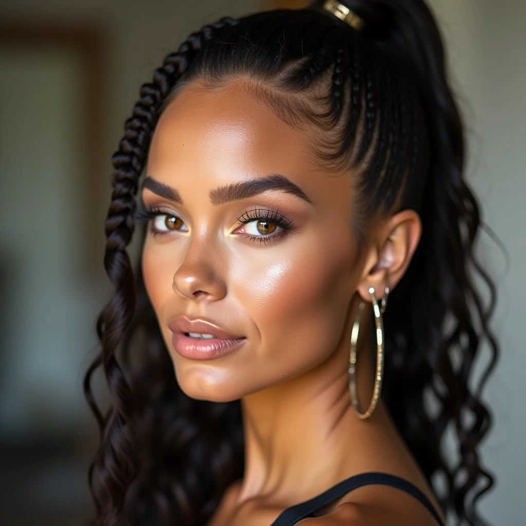 slightly tall young woman, light brown skin, light green eyes. Long brown curly hair with a ponytail braid, wearing a black mesh tank top, silver metallic straps visible under tank top, white backpack, necklace, black neck chocker, nose piercing, lipgloss, slim built, very beautiful, late adolescent, 19 years old, full body photo, long legs, on a hiking trail in Hawaii, daytime