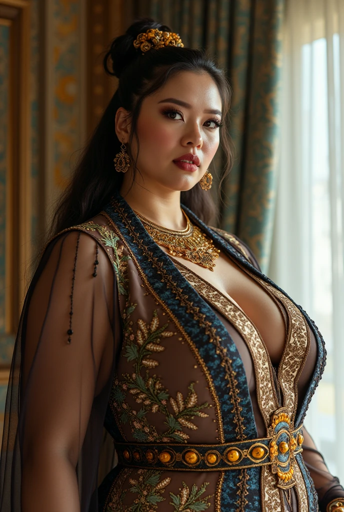 GEISHA ,CHUBBY, BBW, photo vintage, visage feminin parfait, BLACKHAIR , tache de rousseur, 1788, big huge TITS, ( breasts SIZE : 68H, )FRONT VIEW, Rembrandt LIGHT , EXTREME LONG V-NECK, BIG CLEAVAGE, BEAUTIFUL EYES, BEAUTIFUL HANDS, LIGHT SMILES, PERFECT FACE, tres long décolleté , NECKLACE, RING, JEWELERY RICH, SFW, FULL BODY, COLORFUL, SEXY ROYAL LINGERIE, ENORMOUS BREAST, AROUSED, DETAILLED FACE, PERFECT BODY, green GOLD COSTUME, 
