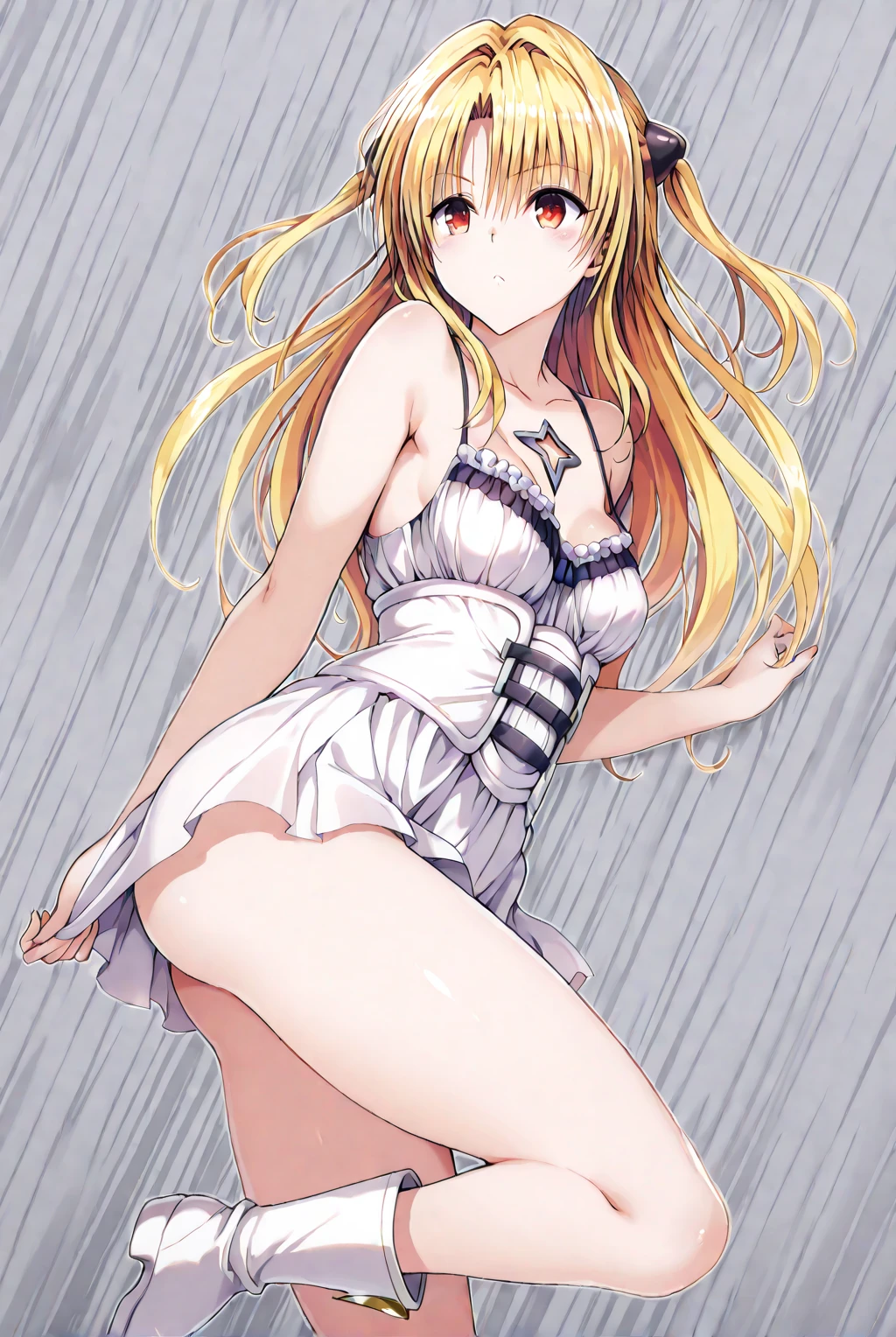 ((best quality)), (((very detailed)), masterpiece, (detailed eyes, deep eyes), (1girl), dynamic pose, upper body, lillie blonde hair, green eyes, medium breasts, (white dress), high heels, sheer clothes, beach, very sweaty, arms up, armpit, almost transparent bikini, lillie hair, small breast, small butt, small ass, lillie hat,