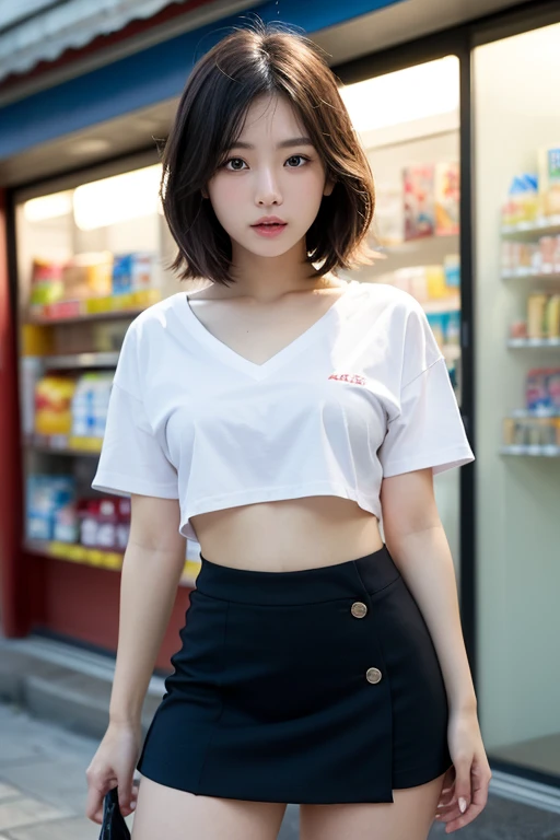 a 18 year old girl, Sitting at a desk in a convenience store, Bokeh, Perfect Figure, (((Hand-lifted skirt,Black panties, I can see the panties))), ((My eyes crossed, captivating)), Short T-shirt, slim tummy, (pink mini skirt),(Spread your legs)