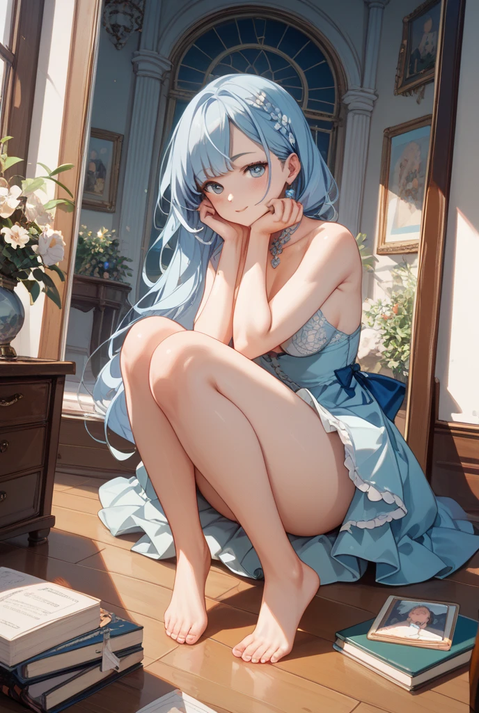 (masterpiece:1.8),(Highest quality:1.8),(Very detailed:1.8),(8k:1.8),(Ultra-fine Illustration:1.5),,,Straight low twintail,Flat Chest,Small Ass,(High-grade metallic silver,,lingerie:1.4),(Prayer Pose:1.5),Vintage sofa,,(Full body angle), Stained glass, Rainbow Gradient, Foundation, (bra:1.3), (lingerie,ホワイトculottes:1.3),