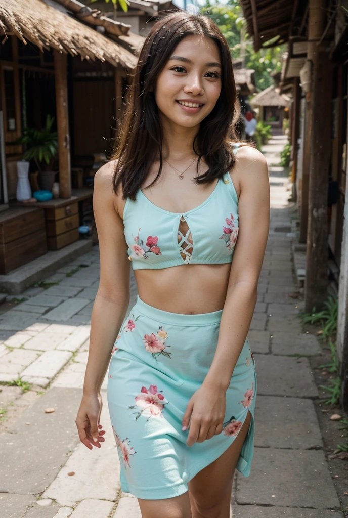 [[((young attractive Asian woman:1.6)), ((Sophie Tan:1.5)), standing in a tropical alleyway, with her back to the camera. She is wearing ((a tight, short tropical mini skirt and a matching crop top:1.4)), showcasing her slim figure. Her hair is styled in loose curls, and she has a seductive, playful gaze over her shoulder. The background features vibrant murals, lush greenery, and a narrow, cobblestone path. The scene is captured with a ((digital SLR:1.4)) using a ((24-70mm zoom lens:1.4)) for versatility in framing. Post-production enhances the vibrant colors and adds a ((soft bokeh effect:1.3)) to the background. The image should be in ((8K resolution:1.5)) with ((hyper-realistic detail:1.6)). The backdrop highlights the tropical alleyway with detailed textures of murals and greenery. The focus is on Sophie's chic tropical mini skirt and crop top, along with her seductive, playful gaze, capturing the essence of street chic fashion. The overall composition is designed to evoke a sense of fun and style, making it a captivating feature image for any publication.]]