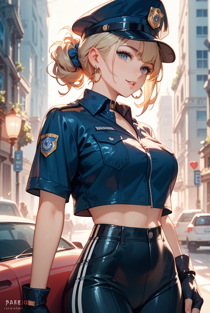 fox ears, posing, police woman, street, blonde hair, short hair, blue eyes, elegant girl, medium breast, sexually suggestive, smile, red lipstick, sexy, Intricate, dramatic, photorealistic, best quality, masterpiece, Ed Blinkey, Mikhail Vrubel, Atey Ghailan, Jeremy Mann, Greg Manchess, WLOP, Charlie Bowater, 8k, RAW photo