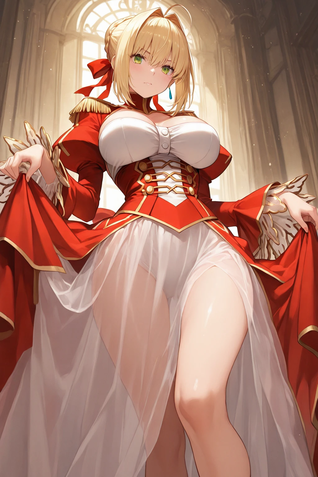 masterpiece, 1girl, sparrow, a blonde haired girl, wearing a brown viking clothes, curly medium hair, messy hair, slim body, wearing furry capelet with hoody, he close her left eye, shirt ornament, aqua eyes, sho show her back, ahoge, red vest, baby face, big breast, beautiful breasts, rounded breasts, braid hair, long sleeves, beautiful eyes, white stocking, droopy eyes, her age is 19 years old, smile, ancient viking 
