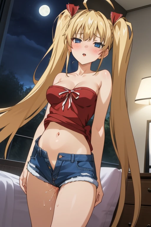(Top Quality, High Resolution, 8k, Masterpiece: 1.2), Highly Detailed, Anime Art Style, Misaki Shokuhou, Smile, Blonde, Long Hair, Large Medium Breasts, (Black Underwear, Bared Shoulders, Shorts, Bed) , lying down , legs apart), looking at camera, stylish pose, stylish angle, staring camera focuses on the center of the image,