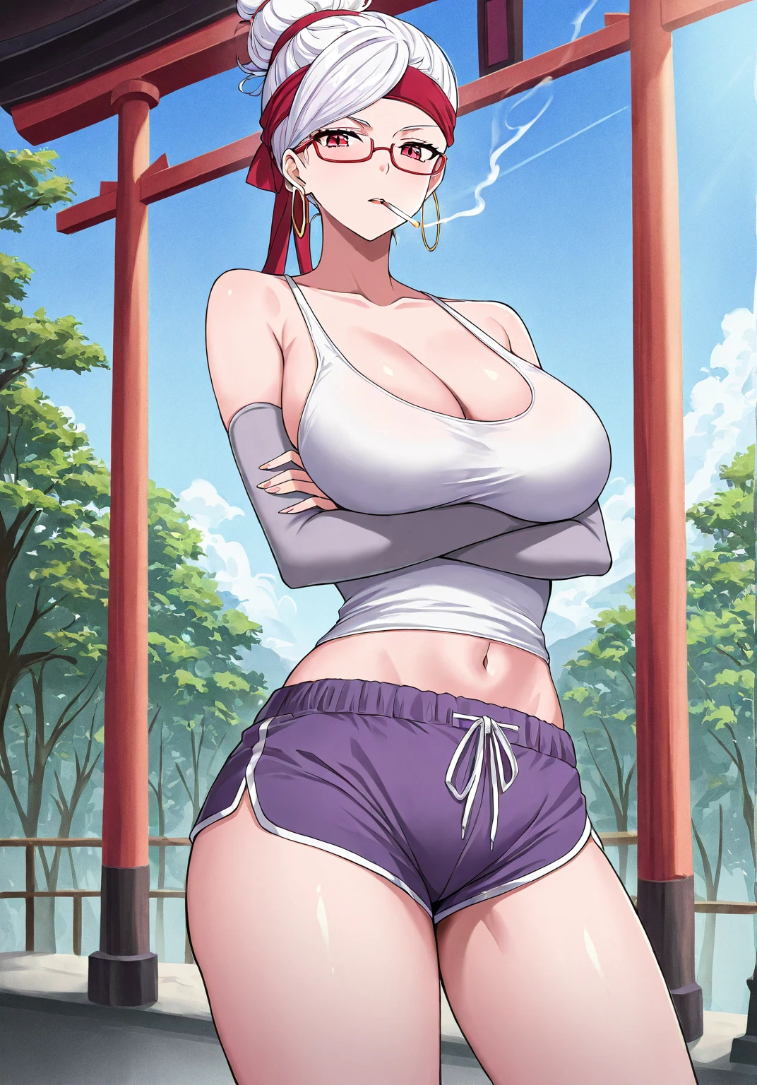mixed_artwork style, cleavage, sweaty, 1 girl, standing alone, hands, beautiful woman, futa woman, (best quality, 4K, master part :1.3), beautiful woman, Hyper realistic, 1 girl, attractive body :1.2), abs :1.1, Sweaty body :1.2), (Same, Ultra-detailed face, Detailed lips, detailed eyes, (dark skinned female), jinx\(league of legends\), blunt bangs,(Pink bandeau:1.2), thong,(thong lift:1.5) ,Hanging breasts