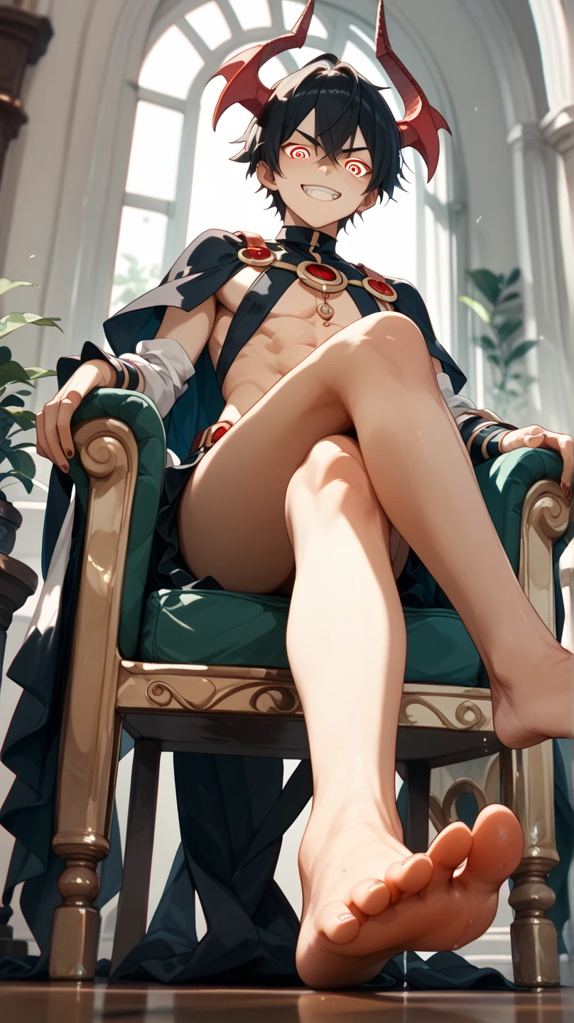 best quality, 4k, ((masterpiece)), extremely detailed, 8k, Trending in ArtStation, intricate, very high detail, sharp focus, detailed backfloor, (Fantasy City: 1.4), Roof, 1girl, floor, navel, arch, (blond hair), red eyes, hair bow, red scarf, braid, short hair, small breasts, Looking at the Viewer, smile, midriff, blonde hair, black bow, {{{very short and sexy bikini}}}, wearing very short black panties, Gloves, brown Gloves, (muscular legs), (((sitting on the chair with her legs open showing her pussy to me)))