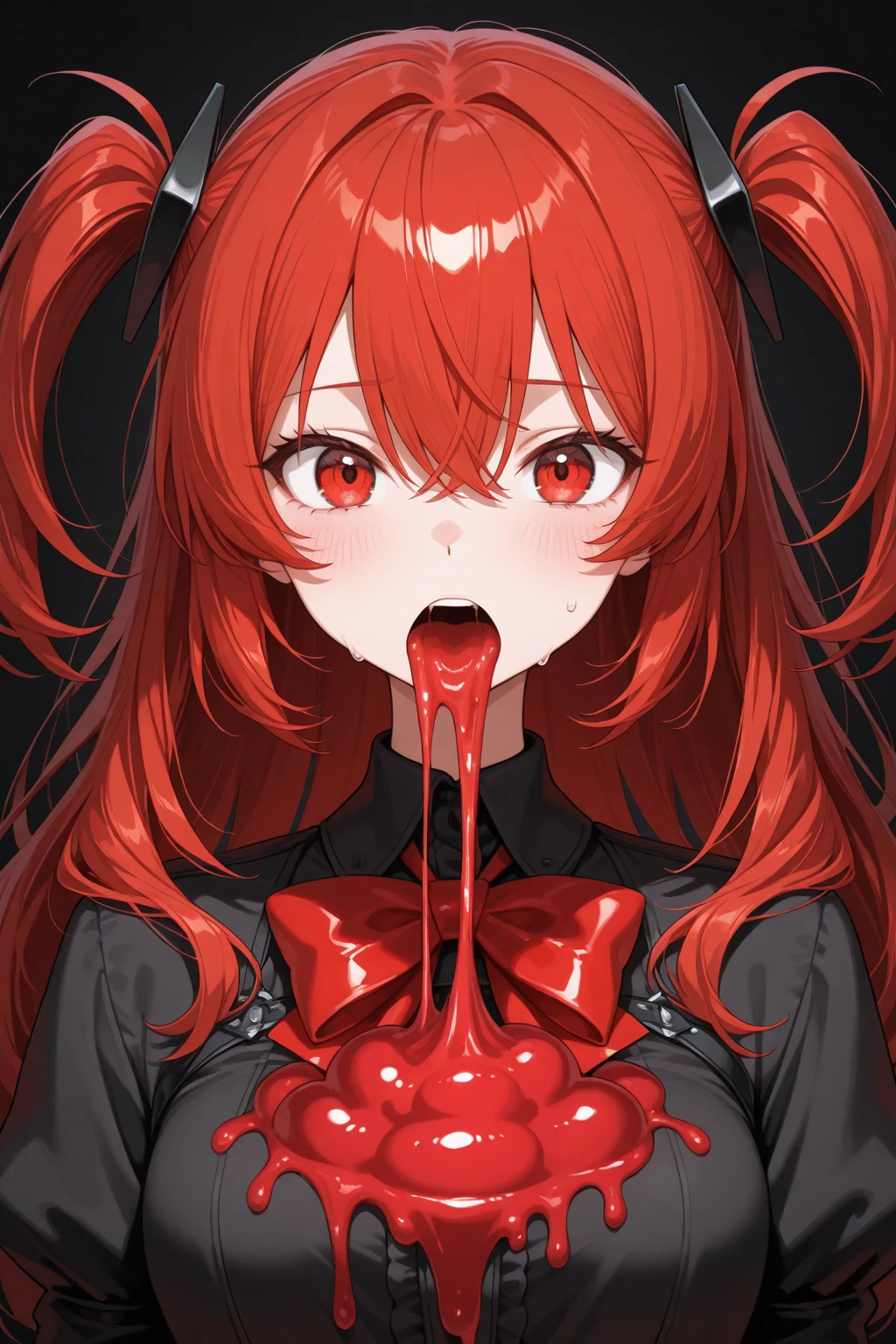 masterpiece,  best quality, newest, highres, absurdres, <lora:sh1un_style:1>, shiun_(siun_5513),painting \(medium\),paint,oil painting \(medium\),   hood, red dress, holding, hooded jacket, id card, fangs, bow, lanyard, gem uniform (houseki no kuni), sharp teeth, shirt, holding tray, abstract, red nails, white socks, index finger raised, center frills, collar, long hair