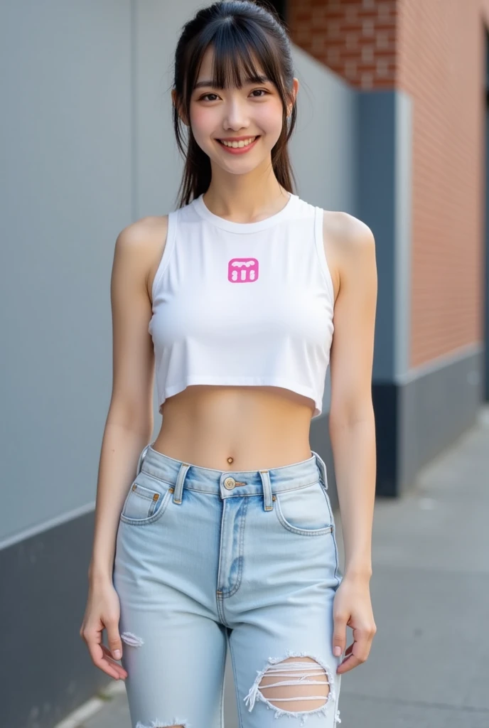 Women with glasses short black hair wearing a crop top and hot pants with thick tight small waist and big tits